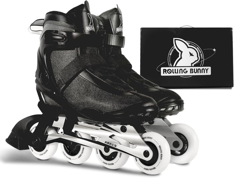 RollingBunny Inline Skates PRO for Adult Women - ABEC-9 Bearing with Breathable Lining for Male Female, Optional Brake, Size W 6-9, Black - Image 4